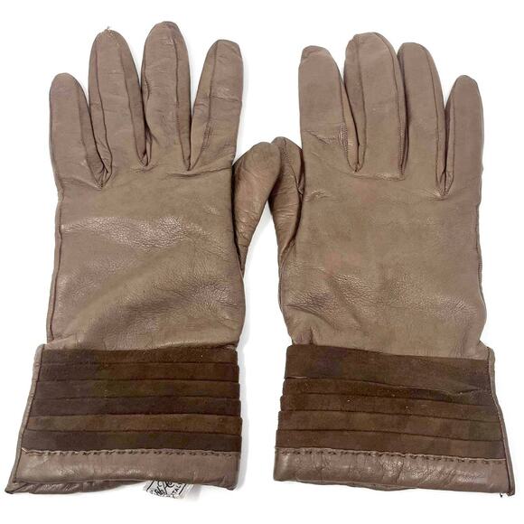 90s SAKS FIFTH AVENUE Vintage Brown Leather Knit Gloves - Picture 1 of 8